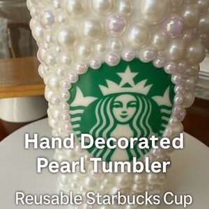 ✅ Hand-Decorated Starbucks 12 oz Reusable Cup – Pearl Beaded Design